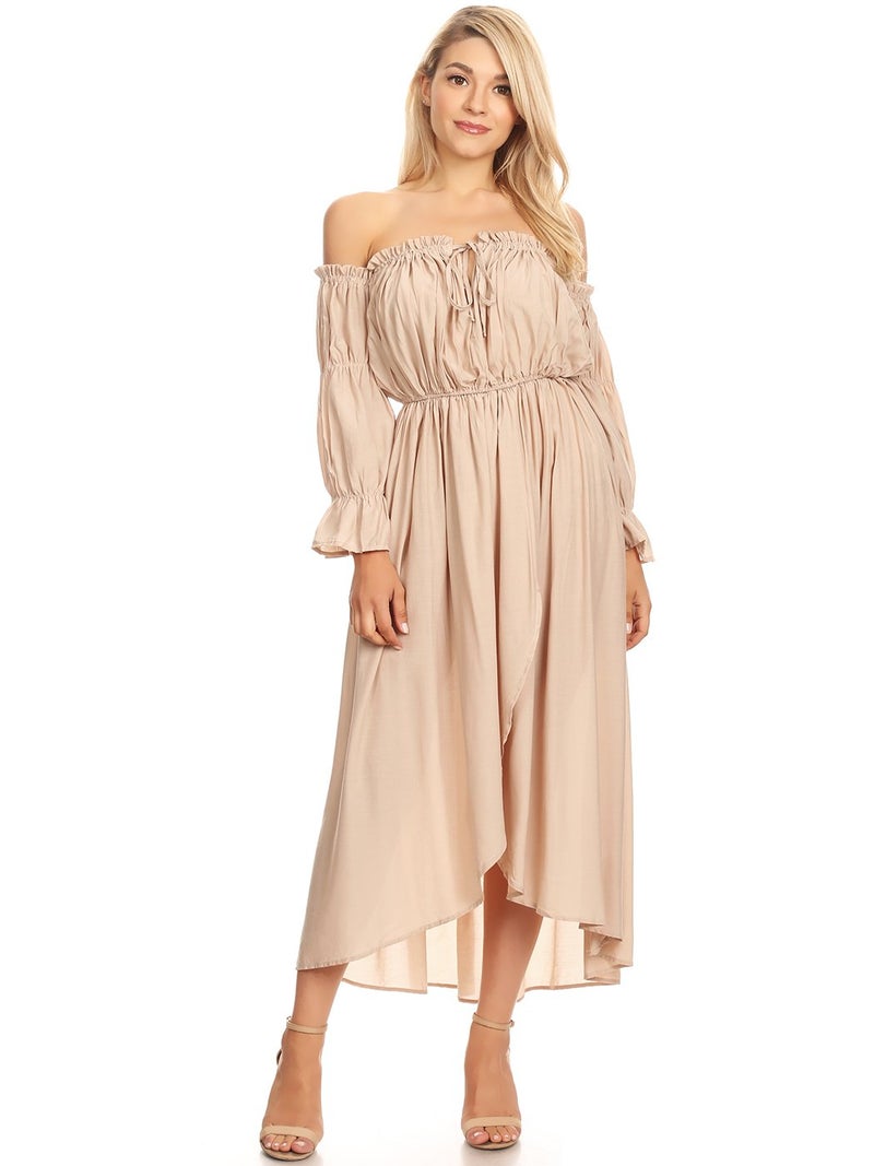 Anna-Kaci Womens Boho Long Sleeve Off Shoulder Renaissance Peasant Dress, Beige, Medium - Image 1